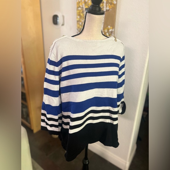 Karen Scott - striped nautical inspired sweater shirt w/ zipper shoulders - Picture 1 of 10